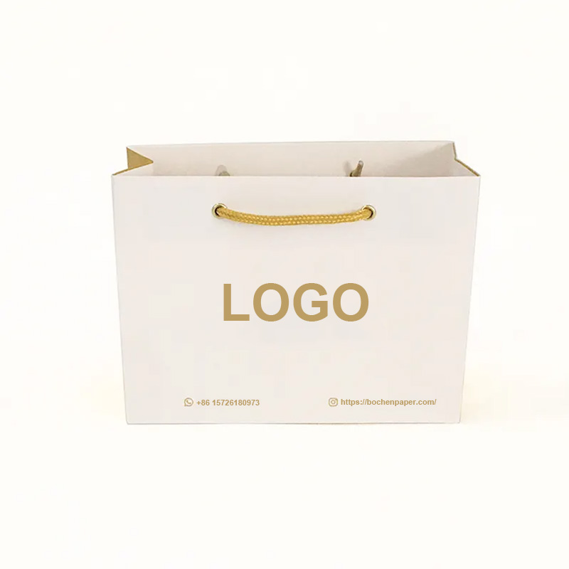 White Cardboard Bag / Custom Logo mini sac papier bijoux luxury Small White Jewelry gift Packaging Paper shopping bags With Ribbon Handle